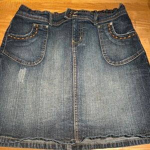 Y2K Paris Blues Denim Mini Skirt, small, embroidered, distressed